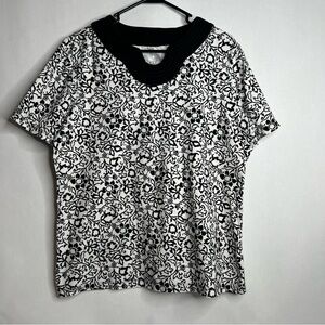 Denim & Co. Womens White Black Floral Printed Short Sleeve Tunic‎ Top Size M